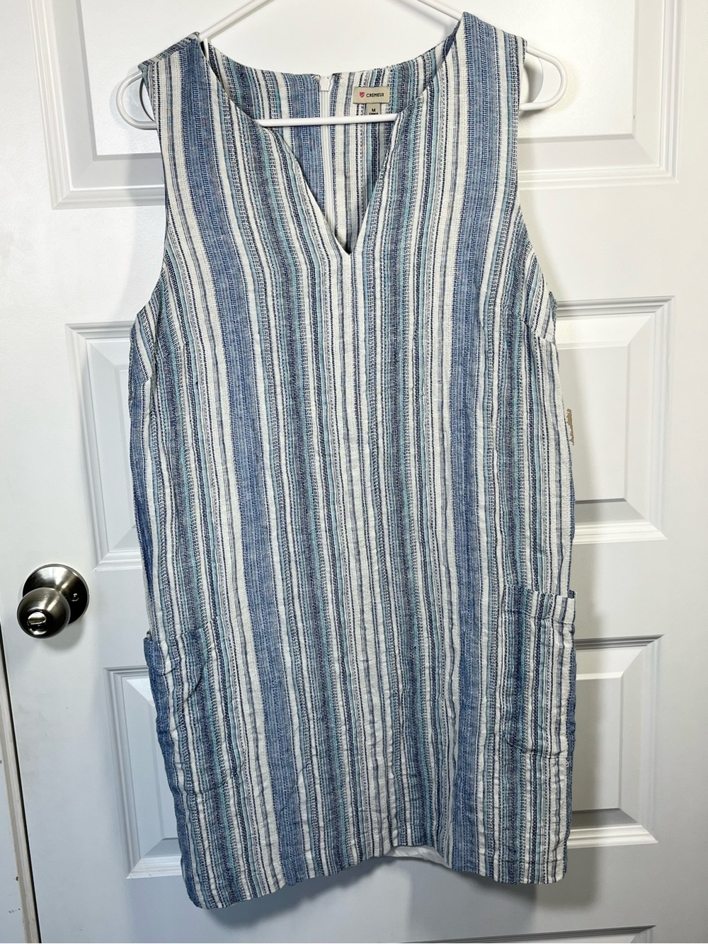 Cremieux Linen Blend Striped Shift Dress Sleeveless Pockets M
